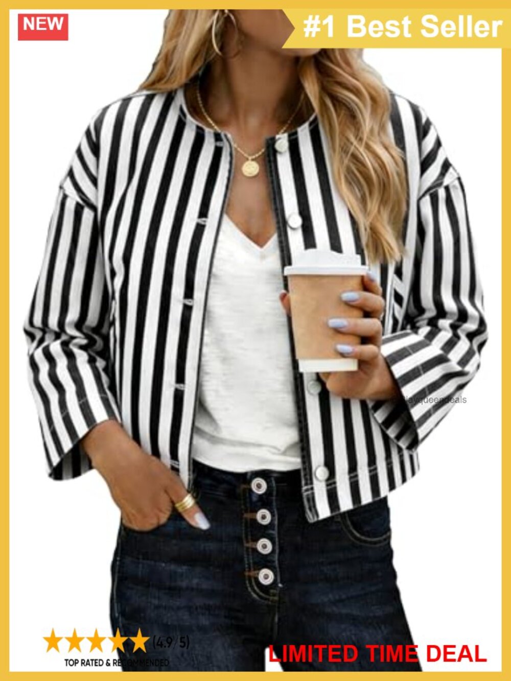 Women's Cropped Striped Button Down Oversized Jacket with Pockets